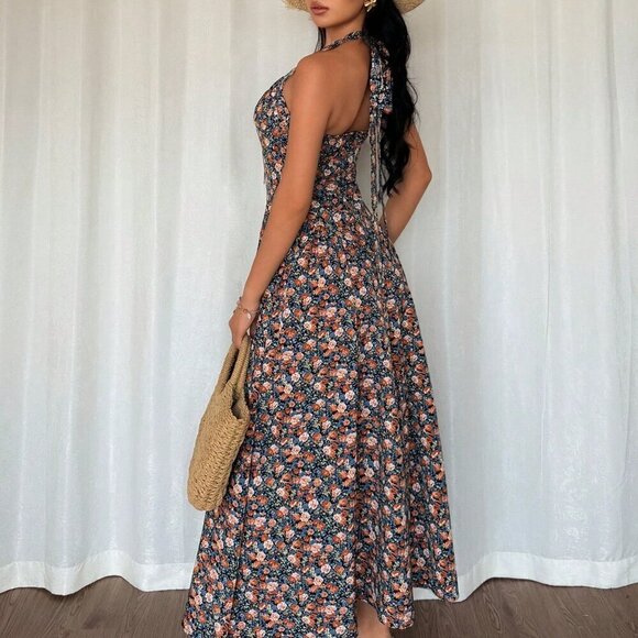 Multicolor Boho Womens Elegant A-Line V-Neck Cinched Waist Flared Hem Back Dress - Picture 4 of 7